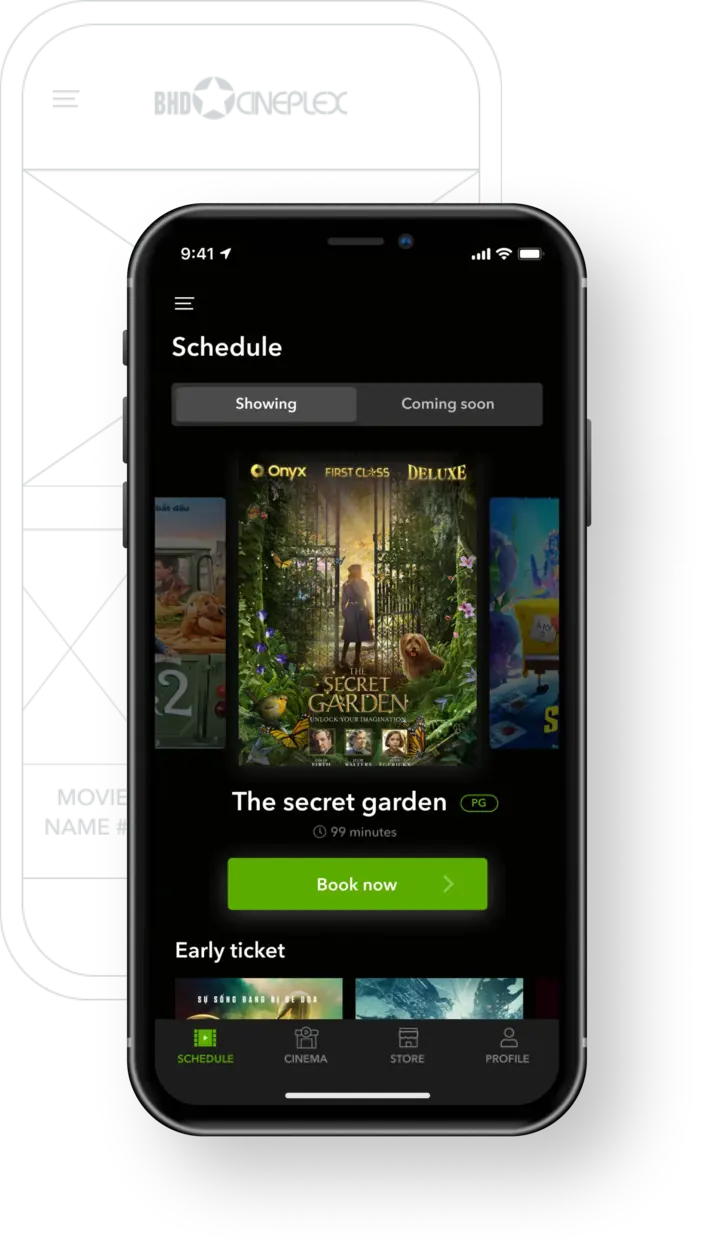 Home screen design showing movie listings in carousel format