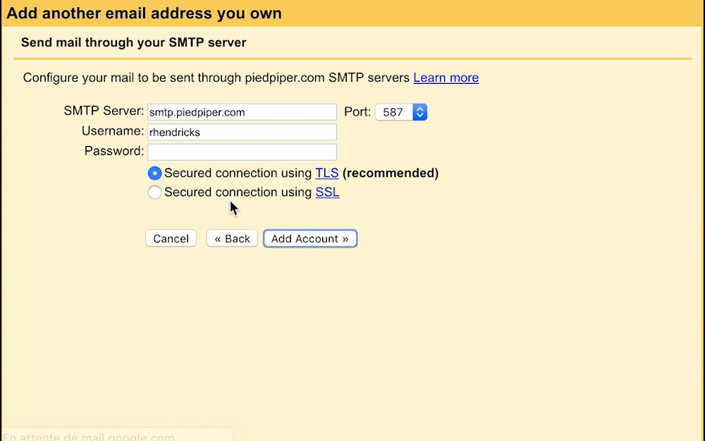 Gmail SMTP settings popup